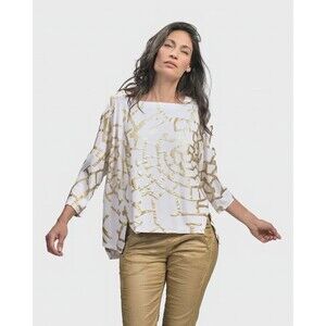 Alembika Hypnotic Cutaway Boxy Top Gold White Abstract Print L 3/4 Sleeve